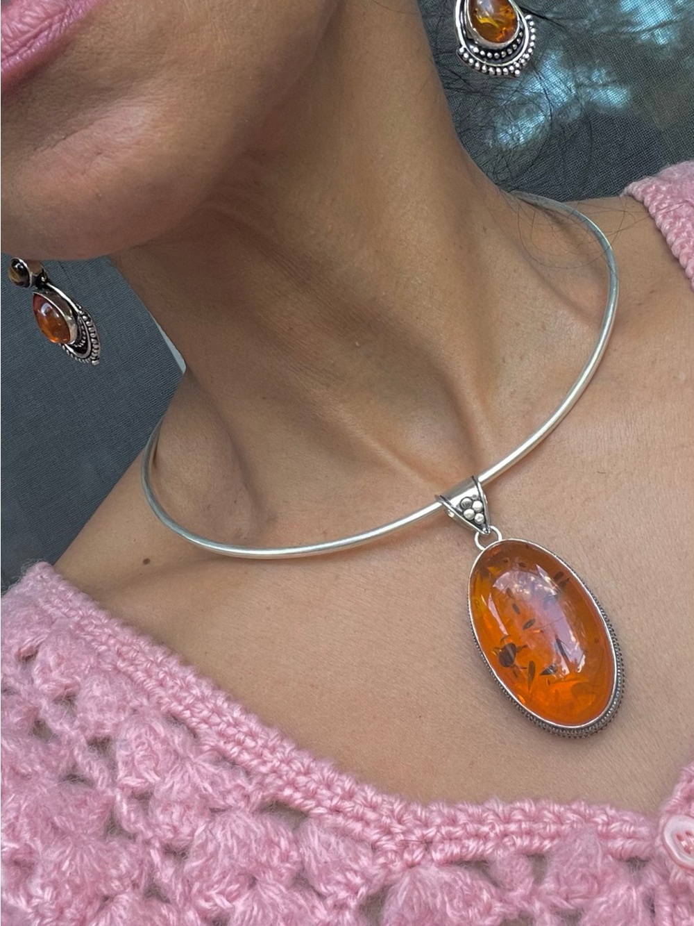 Sterling Silver Amber Pendant Necklace in Warm Orange
